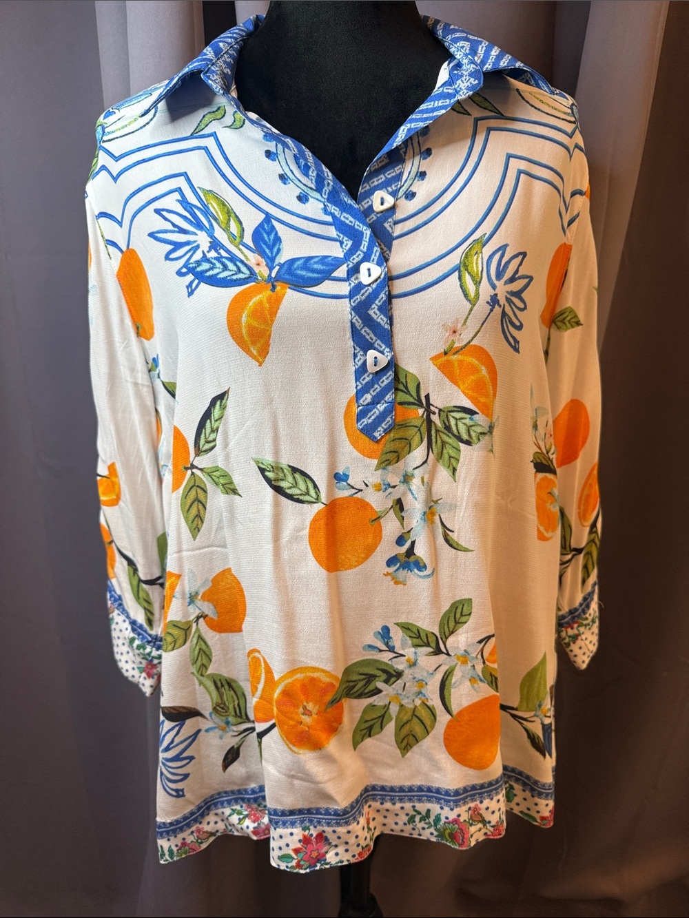 BRAND NEW! John Mark White Button-Front Blouse with Orange & Blue Floral Print